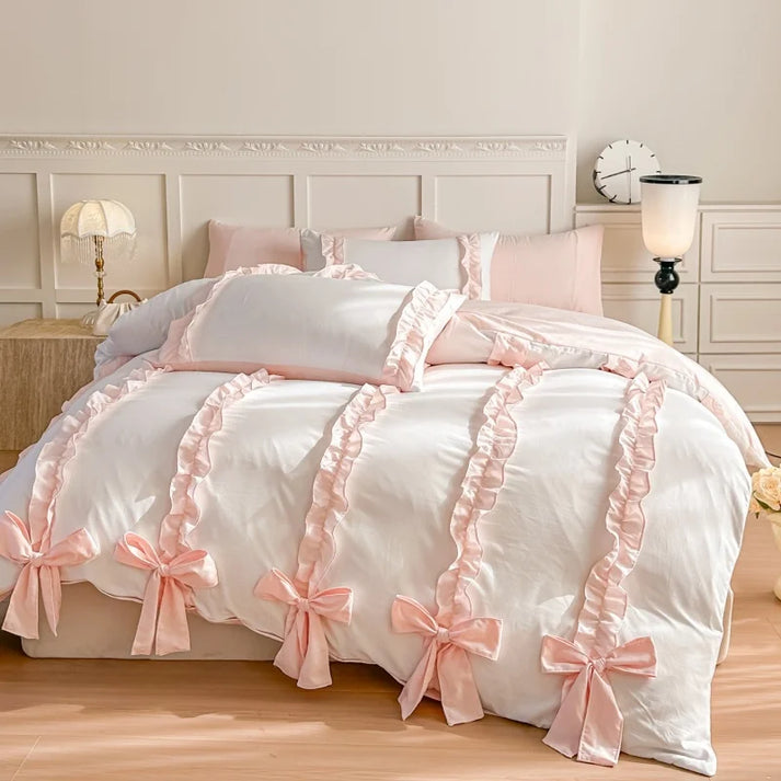 Kawaii Bowtiful Bedding Set styled on a bed