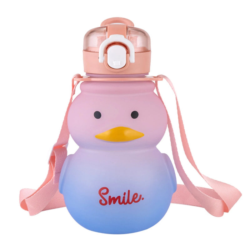 Pink and blue duck-shaped water bottle with a pink strap on a white background