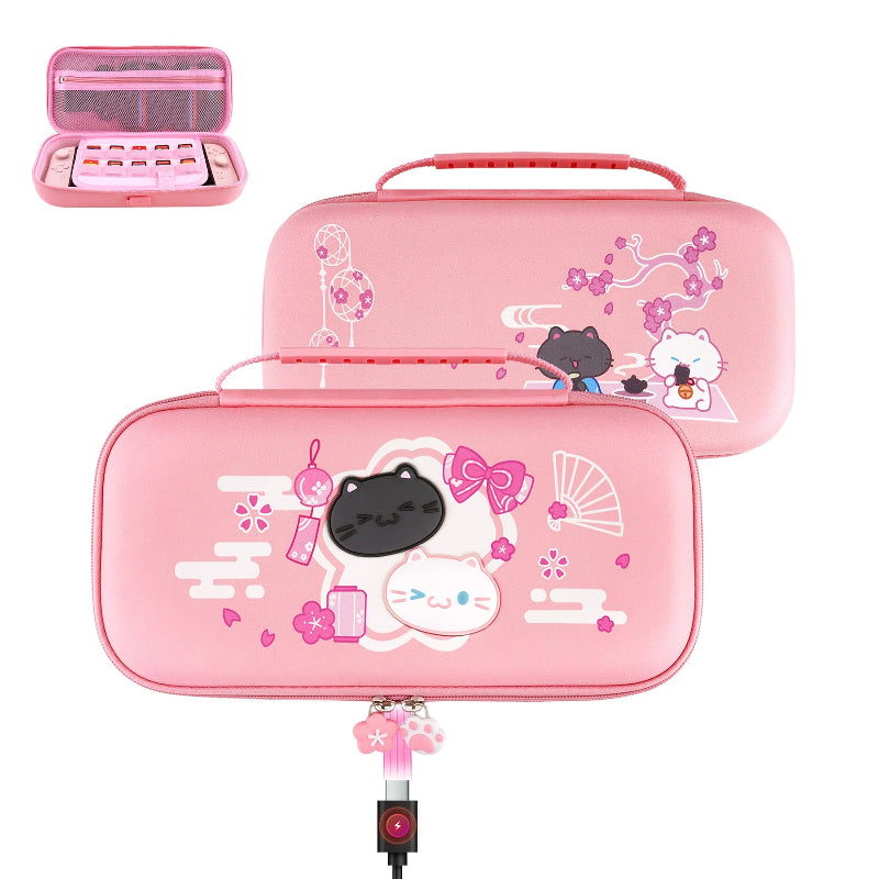 Pink pencil case with cartoon cat design on a white background