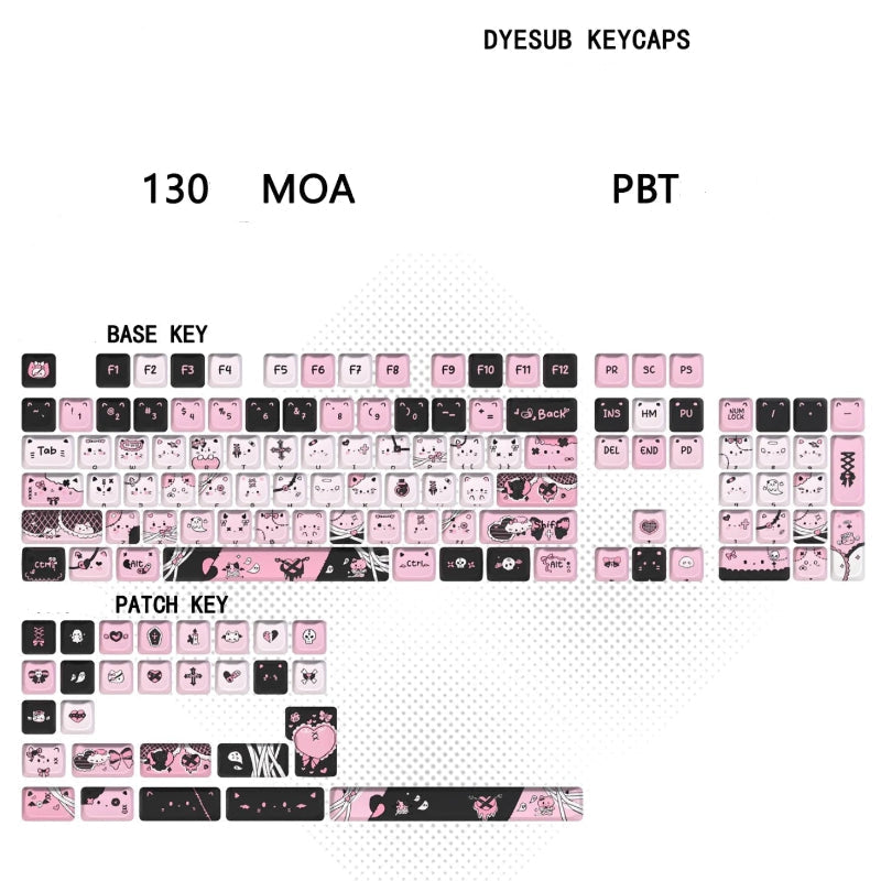 This image is displaying how the keys are laid out and how to apply them to your keyboard, showing you base keys and patch keys for the Kawaii Creepy Cuties Keyboard Keycaps.