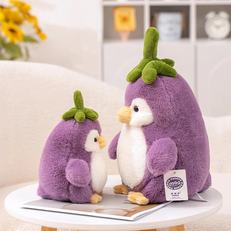  Kawaii Cute Penguin Eggplant Plushies looking at each other 
