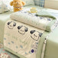 Kawaii Spring Quilts , the set being show is the Cute Dog Design with Green, its being displayed on a bed half open.