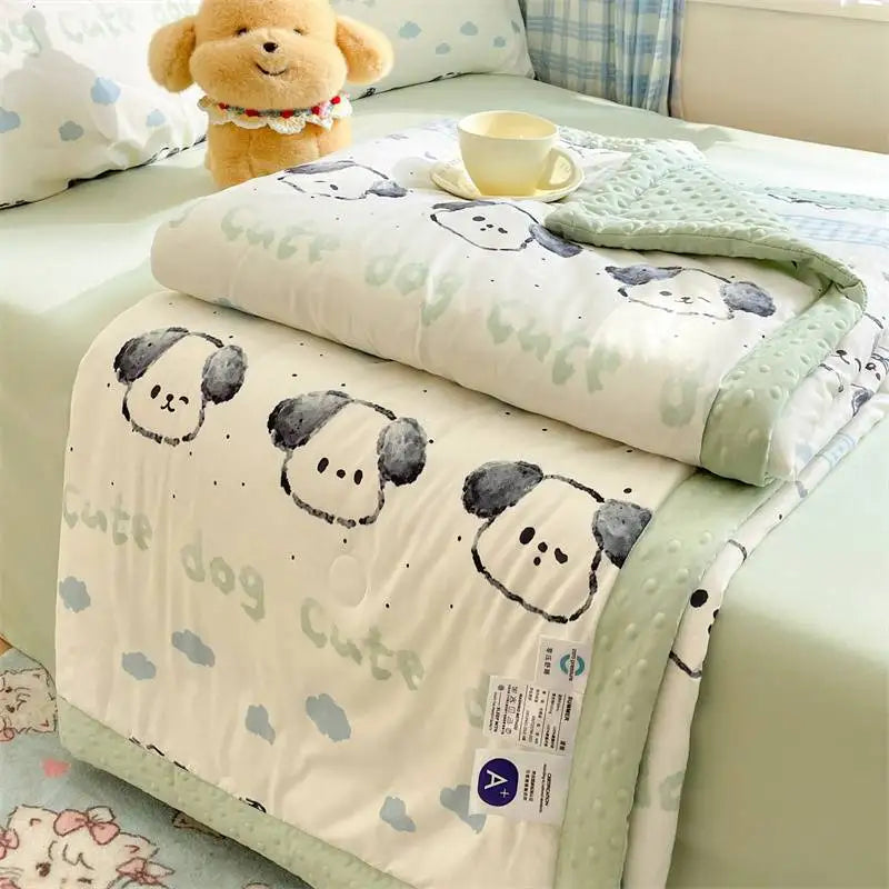 Kawaii Spring Quilts , the set being show is the Cute Dog Design with Green, its being displayed on a bed half open.