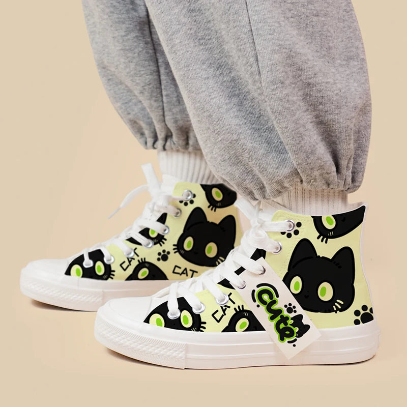 High-top sneakers with black cat designs on a beige background