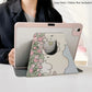 a women using the Kawaii Tulips & Bunnies iPad Case being displayed on an ipad, bunnies in a tulip meadow with fluffy white clouds and blue sky is on the case itself. the ipad on its side and the case propping it up.