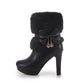 Black high-heeled boot with fur and bow detail on a white background