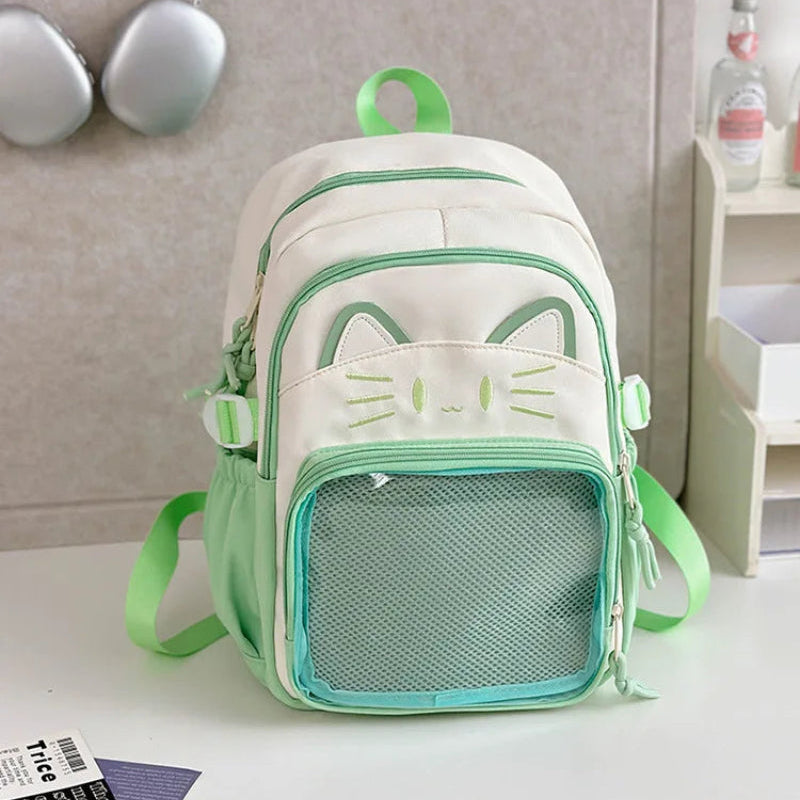 green neko backpack displayed by a white wall