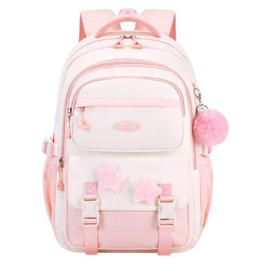 Pink and white backpack with pom-pom details on a white background