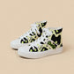 White high-top sneakers with black cat illustrations and 'cute' text on a beige background