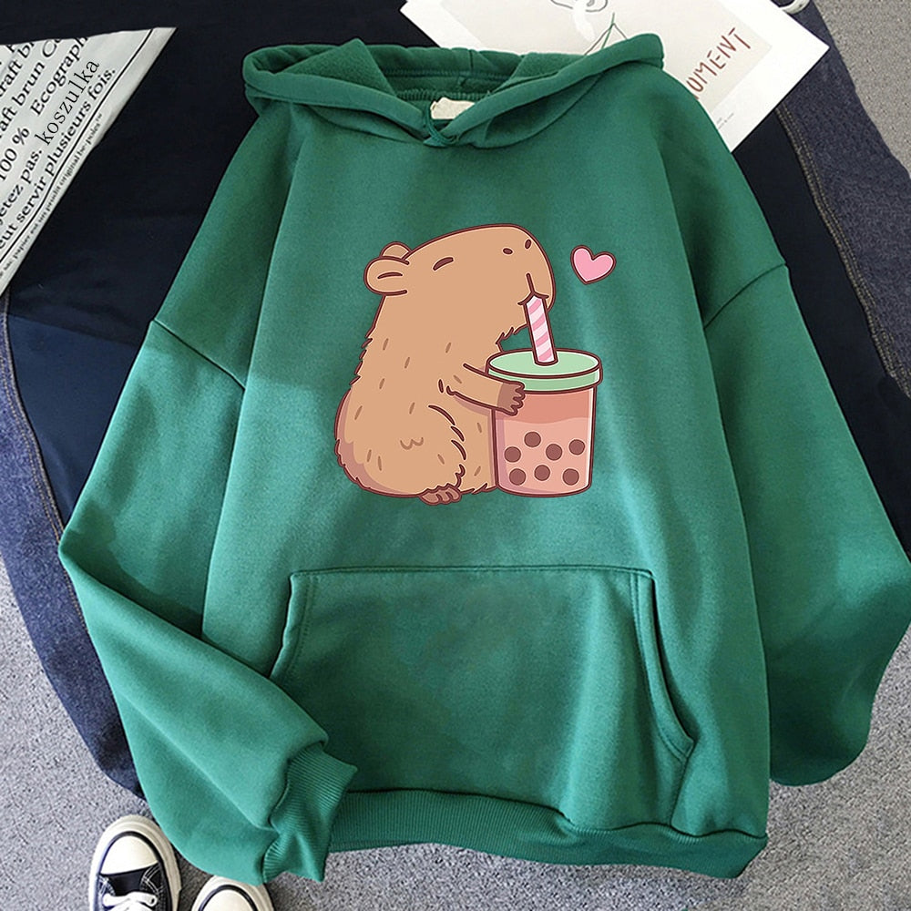 Kawaii Dark Green Capybara Loves Boba Tea Hoodie