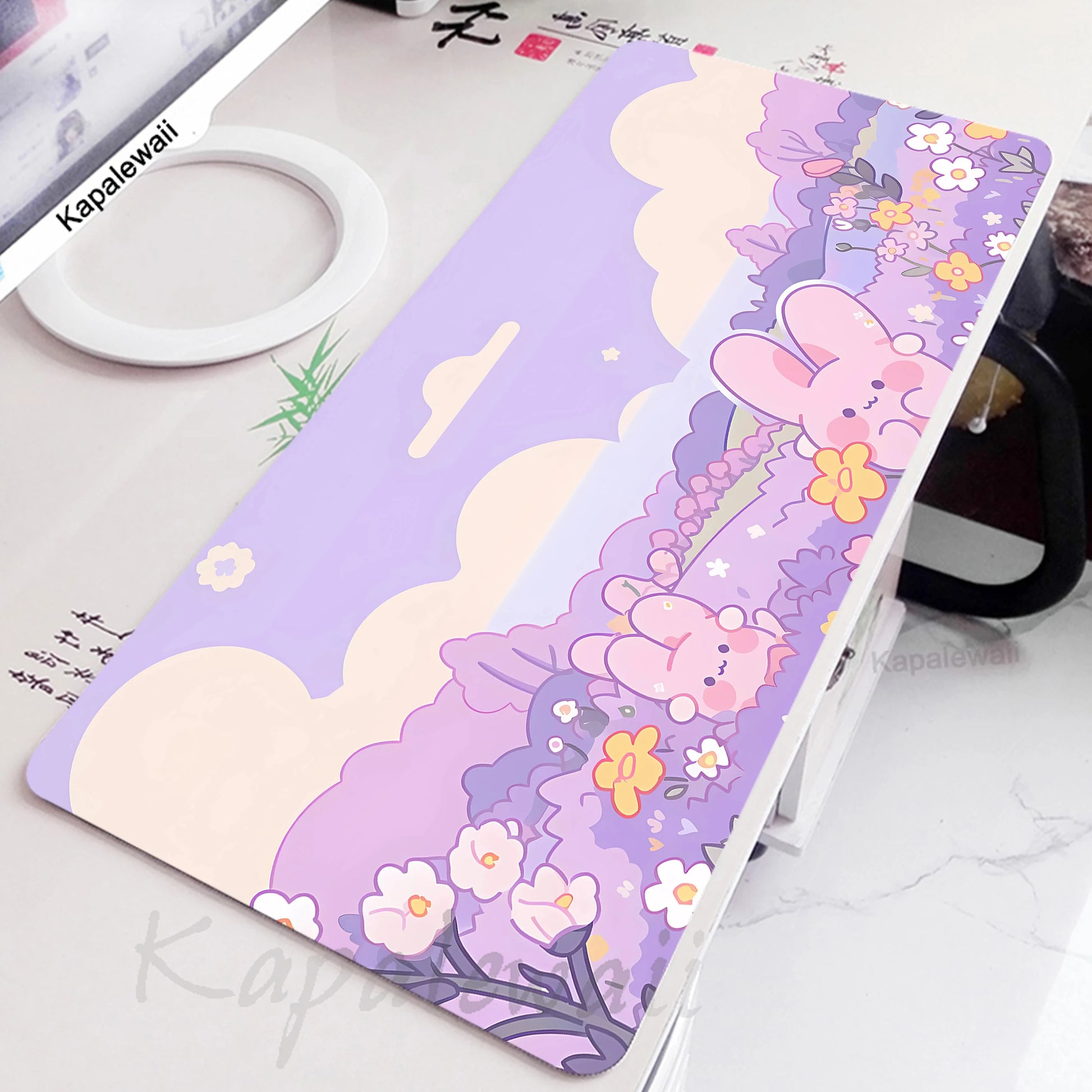 Kawaii Purple Field Bunnies Desk Pad