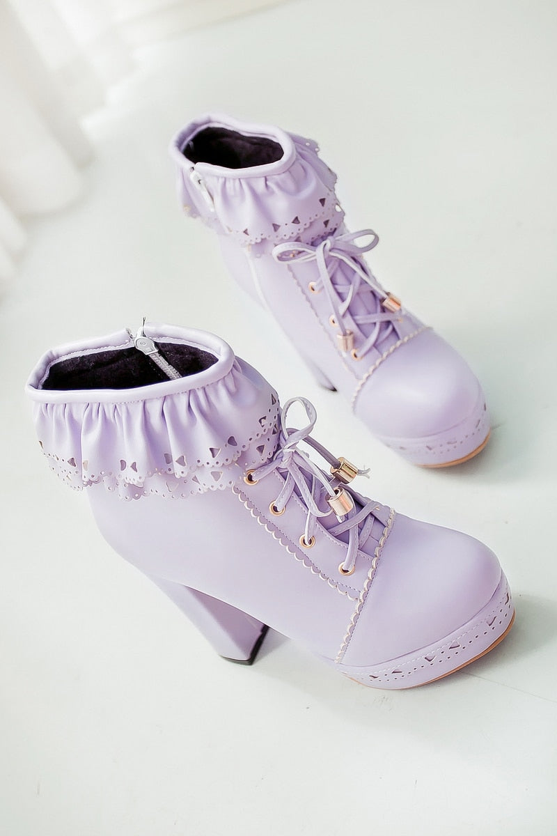Kawaii Round Toe Lace Up Ankle Boots in Purple