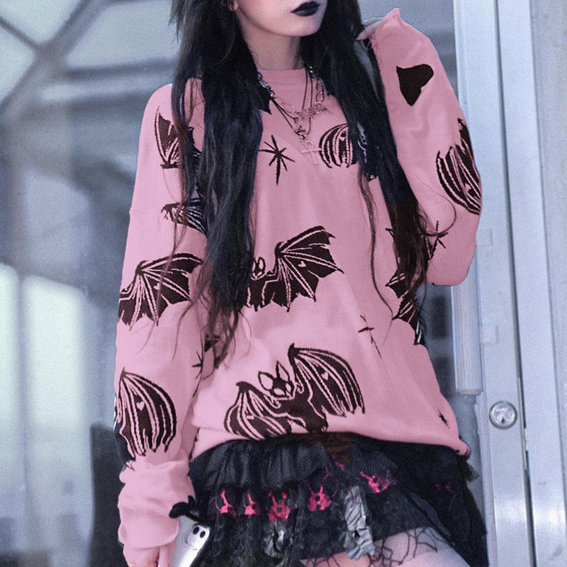 Kawaii Pink Goth Bat Print Sweater