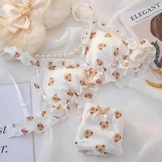 Kawaii Cute Bear Underwear Set on a bed