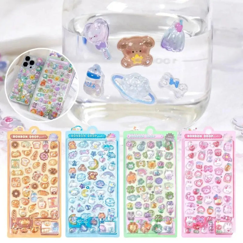 Set of colorful stickers with various designs on a white background