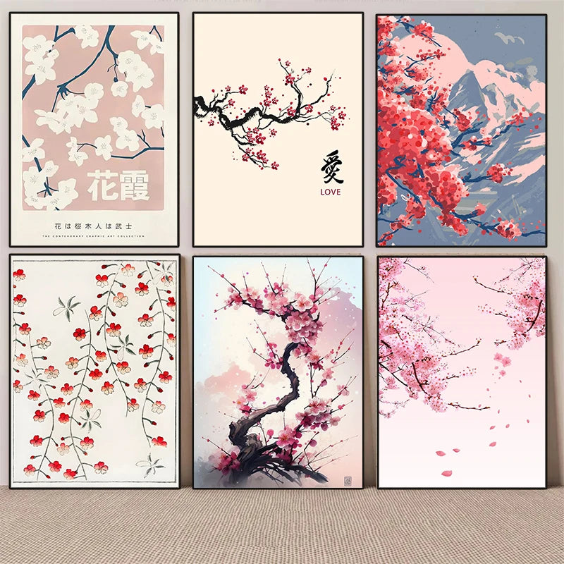 Set of six cherry blossom-themed wall art prints on a plain background