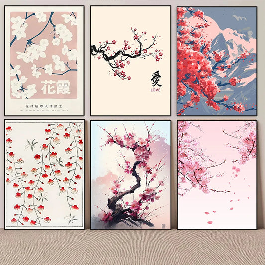 Set of six cherry blossom-themed wall art prints on a plain background