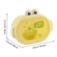 Yellow children's lunchbox with cartoon design and dimensions on a white background