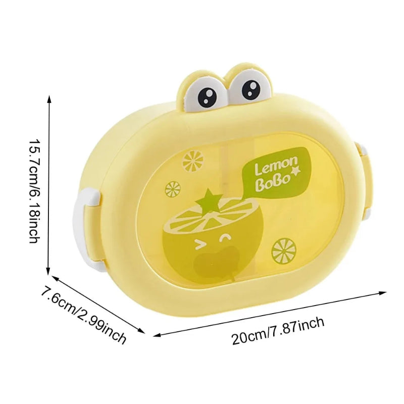 Yellow children's lunchbox with cartoon design and dimensions on a white background