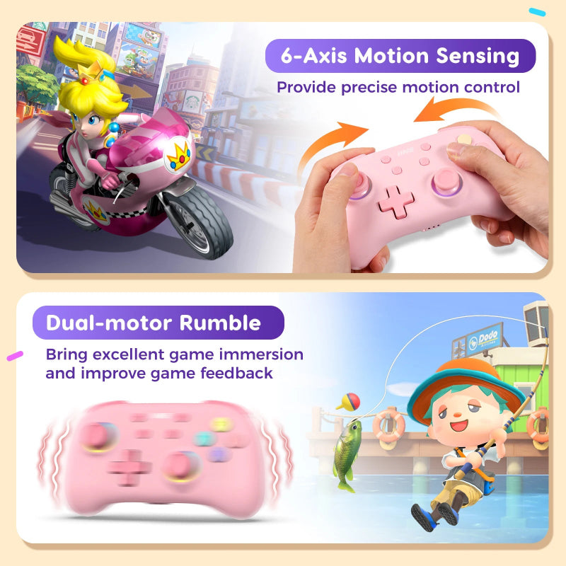 Pink gaming controller with 6-axis motion sensing and dual-motor rumble features, used in a game setting.