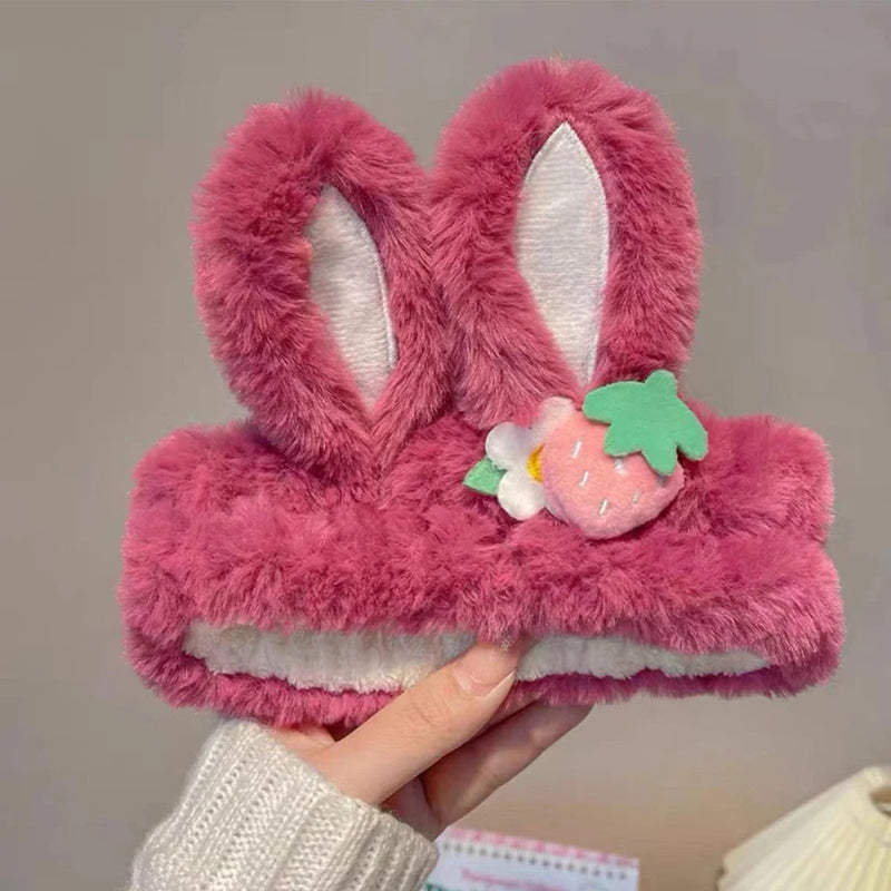 Kawaii dark pink bunny headband with strawberry and flower accent
