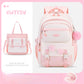 Pink and white backpack with matching handbag on a pink background, featuring the brand 'Cutesy'.