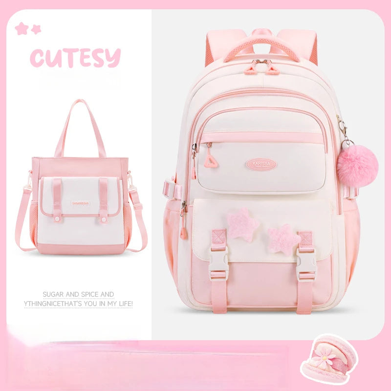 Pink and white backpack with matching handbag on a pink background, featuring the brand 'Cutesy'.