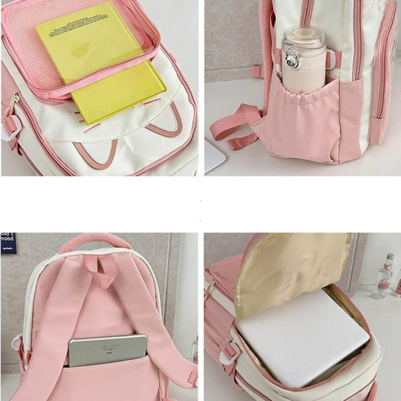 Pink neko backpack displaying inside and storage