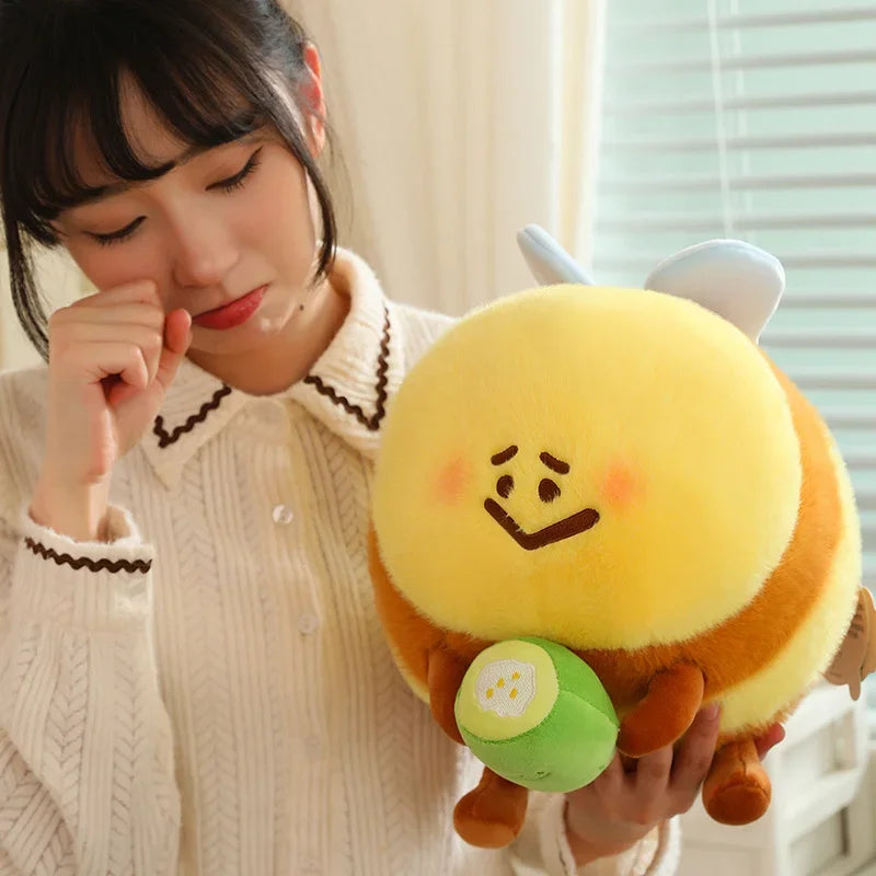 woman holding a derpy kawaii bee plushie