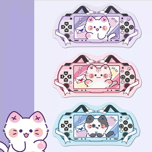 Three kawaii mouse pads with cats on a purple background.
