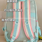 Backpack with wide straps and text on a neutral background