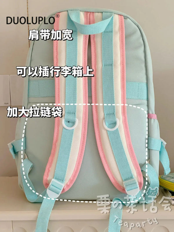 Backpack with wide straps and text on a neutral background