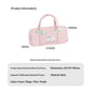 Pink bowknot kitten pencil case with measurements and product details on a white background