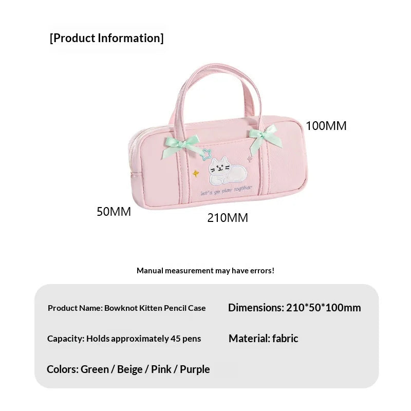 Pink bowknot kitten pencil case with measurements and product details on a white background