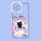 kawaii Phone case with black cat design on white blue and white clouds