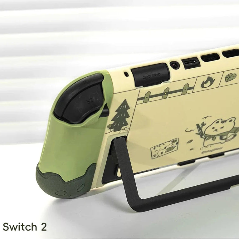 Green and beige phone case with cartoon designs on a white background