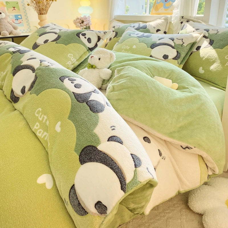Green panda-themed bedding set on a bed with a soft focus background