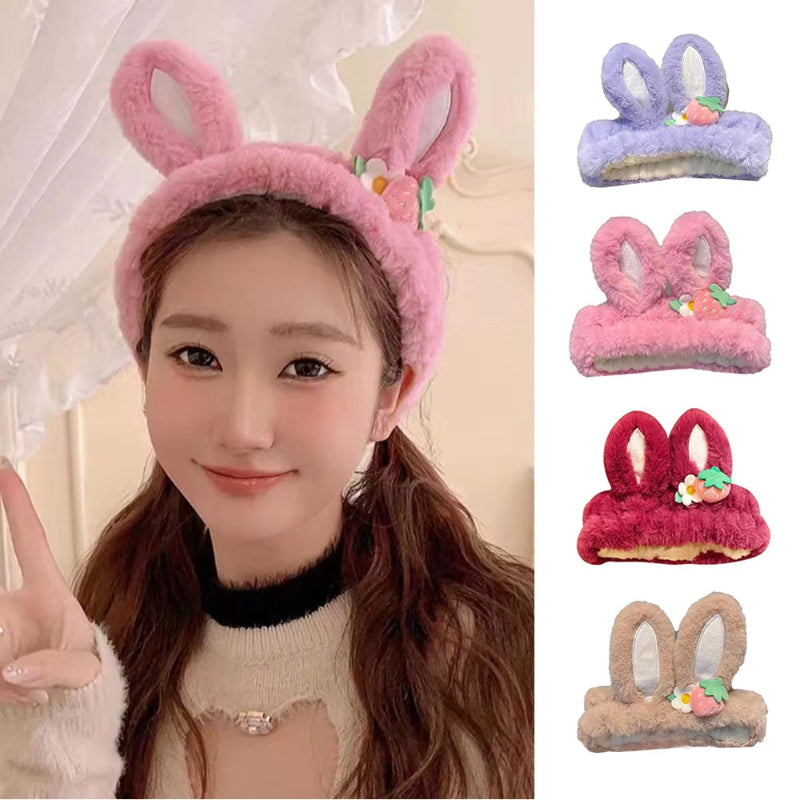 woman wearing a pink bunny headband with color options to her right