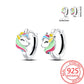 Unicorn-shaped earrings with colorful design on a white background, featuring a 'Real Sterling 925' stamp.