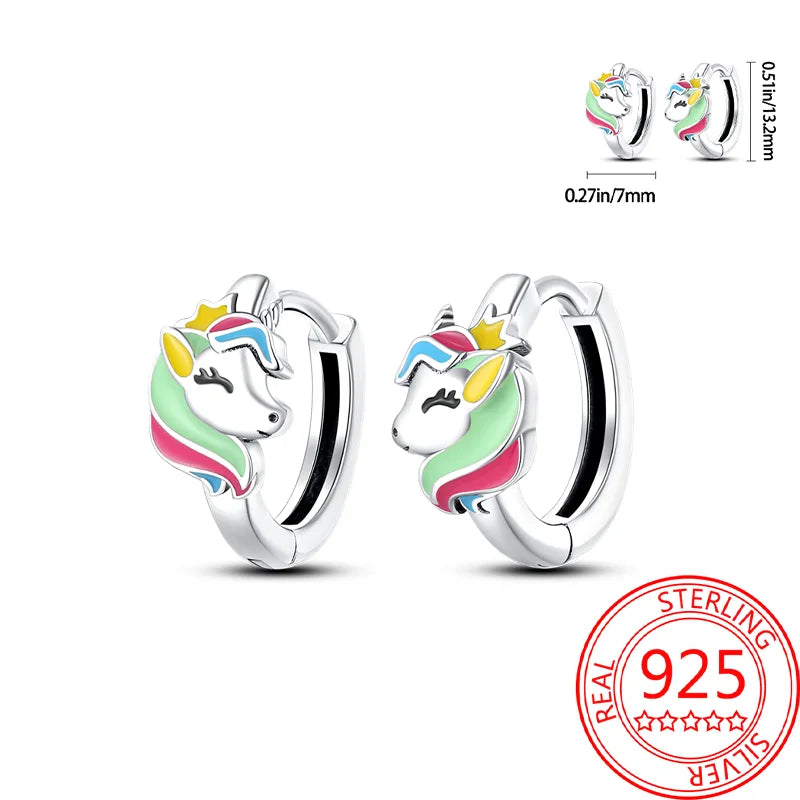 Unicorn-shaped earrings with colorful design on a white background, featuring a 'Real Sterling 925' stamp.
