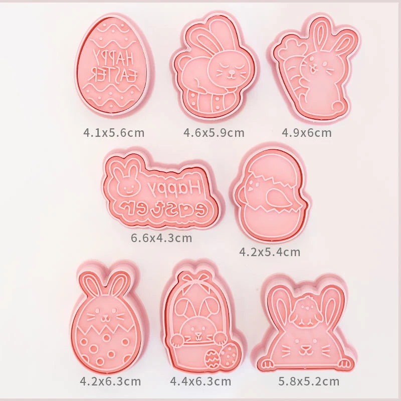 Set of pink Easter-themed cookie cutters with dimensions on a white background