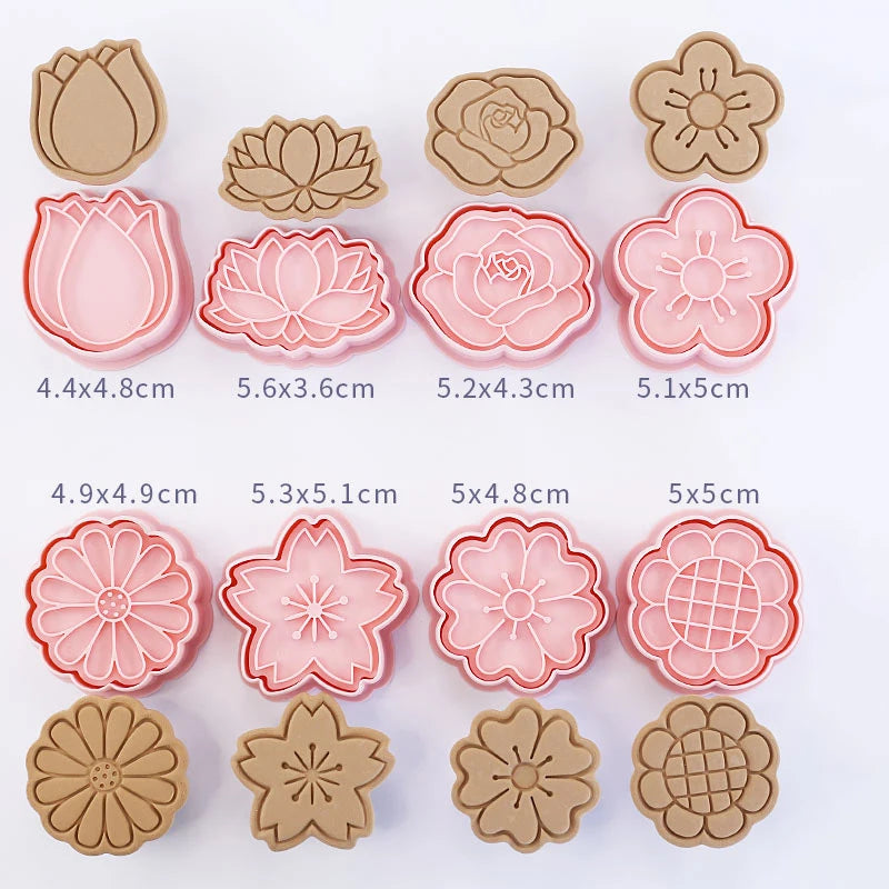 Set of flower-shaped cookie cutters with dimensions on a white background