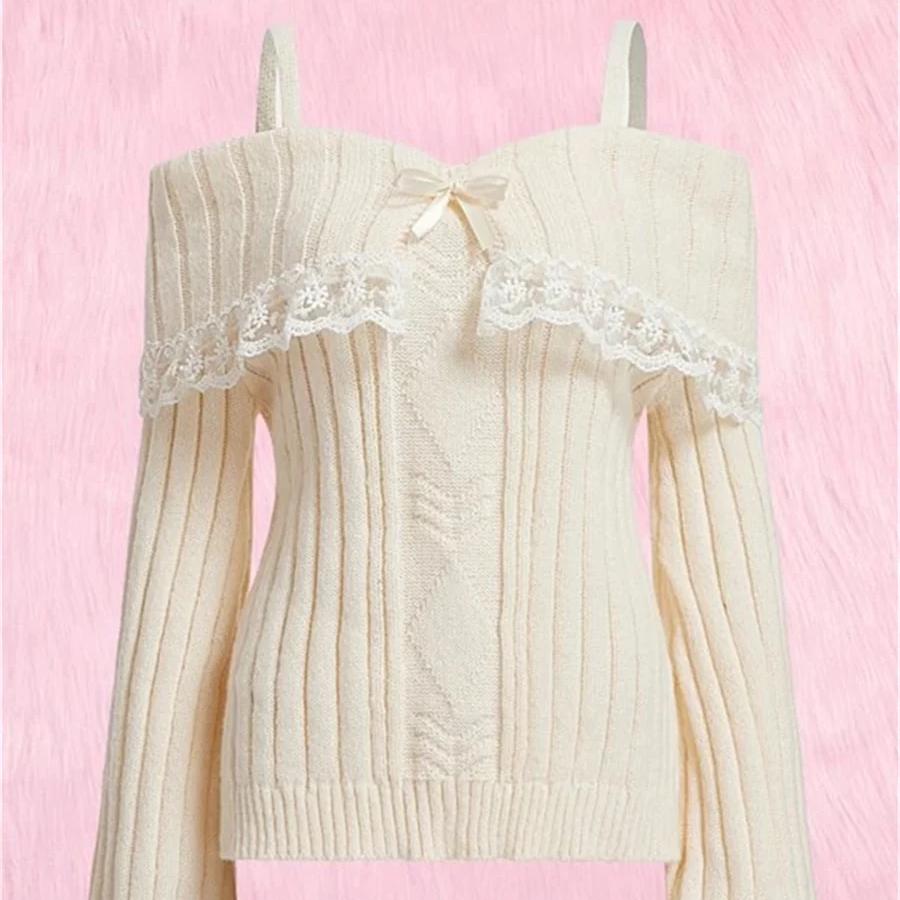 Kawaii Off Shoulder Knit Top in Beige