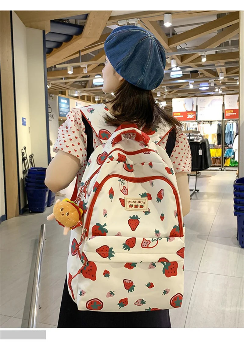 White and Red Strawberry Print Backpack