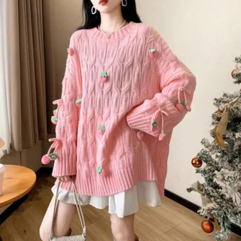 Strawberry Loose Knit Sweater in Pink