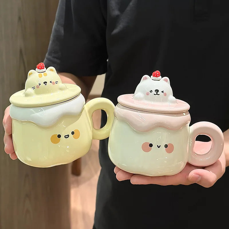 Kawaii Animal Pudding Ceramic Mug being held by a person in a black t-shirt