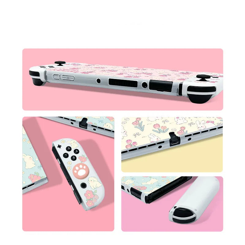 A pink and white floral-patterned protective skin set for a Nintendo Switch console, shown in multiple views 