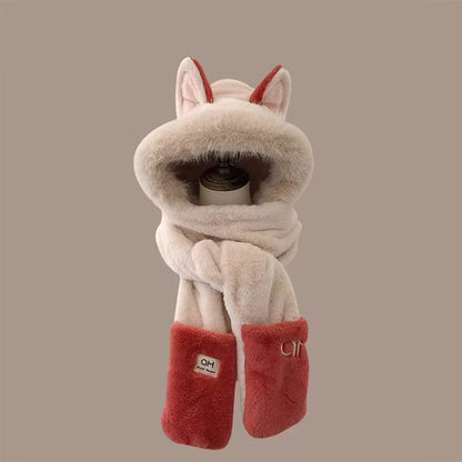 Set of plush animal ears, scarf, and mittens on a beige background