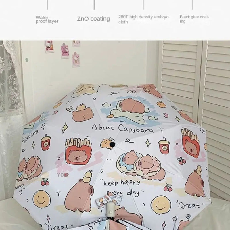 kawaii capybara umbrella open with information displayed at the top explaining that it has a special coating and is waterproof