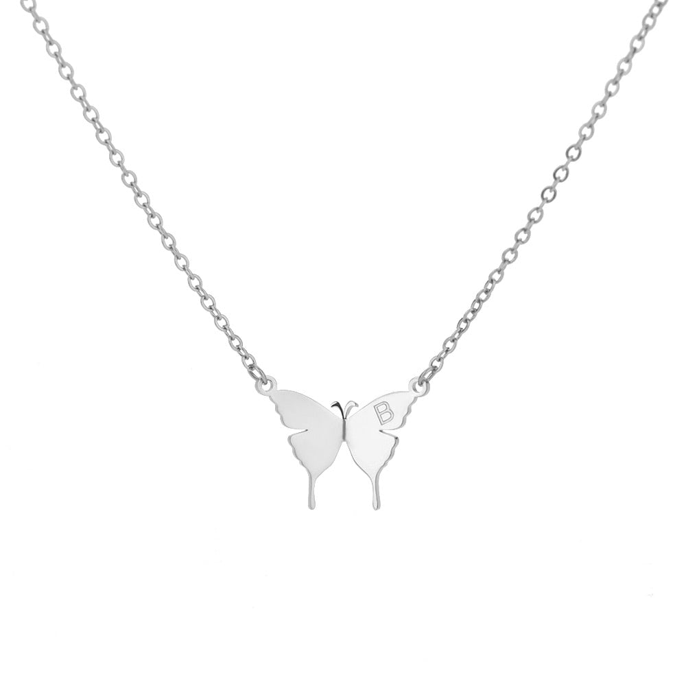 Kawaii Butterfly Initial Letter Necklace in Silver Tone